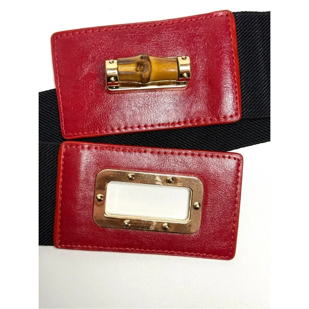 NEW Faux Leather Red Buckle Elastic Waist Belt 26”-32”
